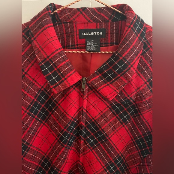 VINTAGE HALSTON 3 Pc Red Black Plaid Skirt Suit Wool Sz 12/14 BLAZER SKIRT VEST - Picture 3 of 12